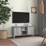 Cumpara ieftin Comodă TV cu picioare din lemn masiv, gri sonoma 103,5x35x50 cm