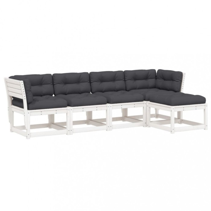 Set canapele de gradina cu perne 5 piese alb lemn masiv de pin