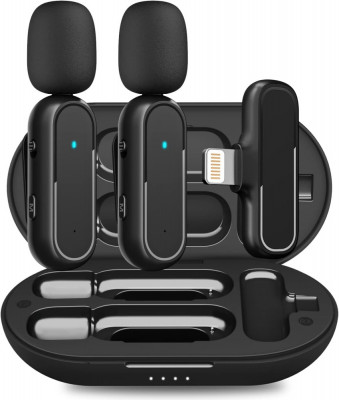 Set Microfon Lavaliera profesionala Wireless ICIDRA tip K63, cu 2 receptori, portabil,pentru smartphone, tableta, compatibil cu sistemul IOS foto