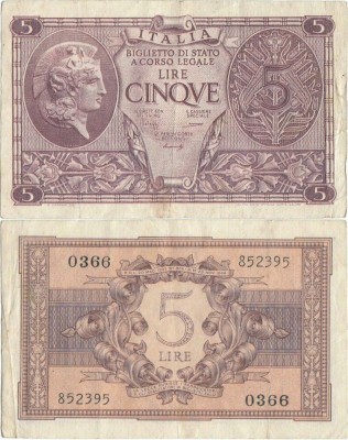 1944 ( 23 XI ) , 5 lire ( P-31b ) - Italia foto