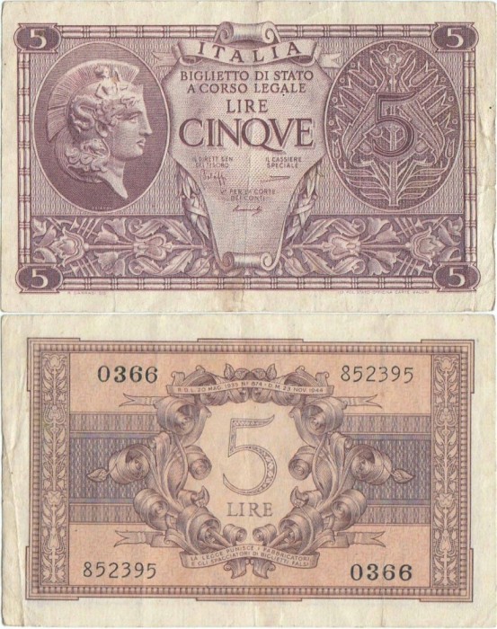 1944 ( 23 XI ) , 5 lire ( P-31b ) - Italia