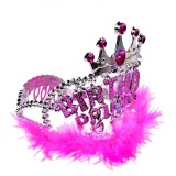 Coroniță Petrecere, Fucsia, Pene, Mesaj Glitter &quot;Birthday Prince&quot;, Oem