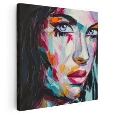 Tablou portret femeie pictura in ulei, roz, albastru 1399 Tablou canvas pe panza CU RAMA 30x30 cm