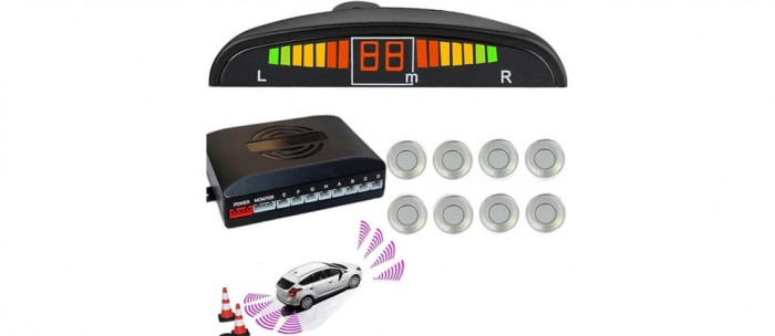 Kit Senzori de Parcare Fata Spate Universali AutoREY&reg; Premium cu Display si Avertizare Sonora, 8 Senzori, culoare Gri ( Silver )