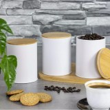 Set 3 recipiente, inox-bambus, alb, pentru cafea, ceai, zahar. Klausberg