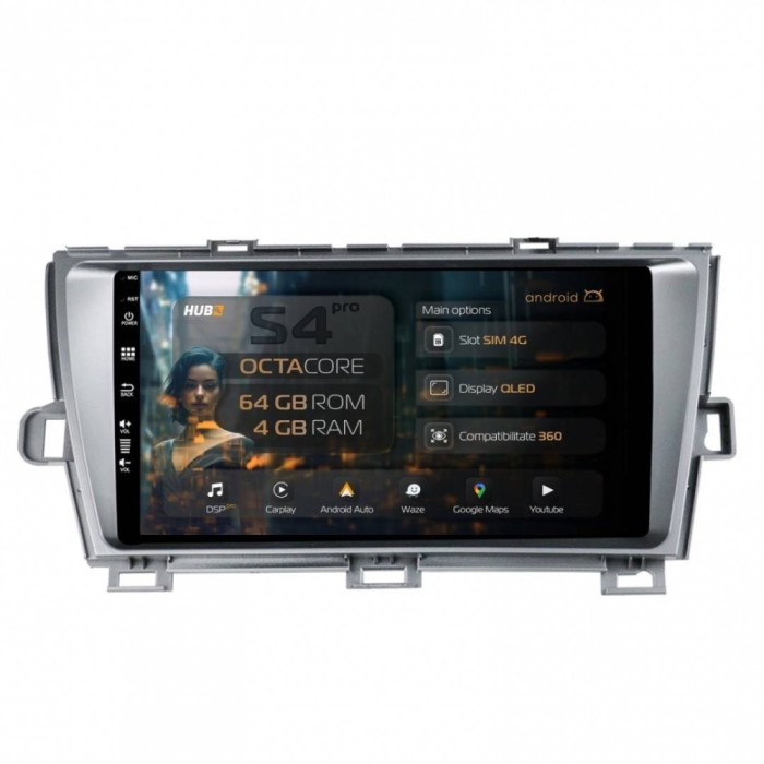 Navigatie Toyota Prius (2009-2014) 4GB RAM Android 13 Octacore Slot Sim 4G DSP GPS Wi-FI Carplay Android Auto USB Bluetooth Waze Touchscreen 9 inch