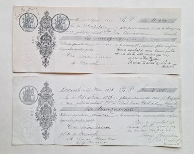 Set 2 polițe pe h&amp;acirc;rtie timbrată &amp;mdash; București 1928 &amp;amp; 1930 &amp;mdash; timbru fiscal Lei 25 / Lei 40, Timbru sec foto