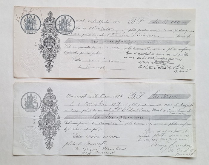 Set 2 polițe pe h&acirc;rtie timbrată &mdash; București 1928 &amp; 1930 &mdash; timbru fiscal Lei 25 / Lei 40, Timbru sec