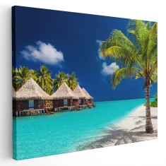 Tablou peisaj plaja Maldive cu palmieri Tablou canvas pe panza CU RAMA 20x30 cm