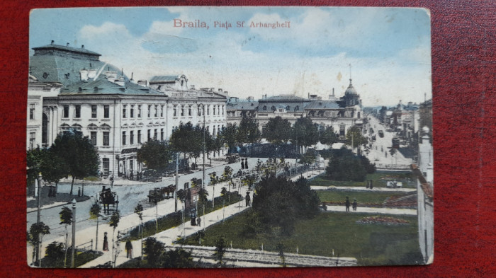 Braila-1914-Piata Sf.Arhangheli,trasuri,animatie-C.P.circ.-perf.-RARA