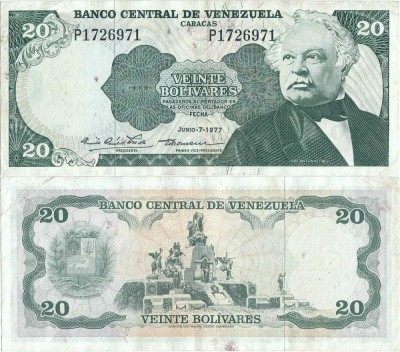 1977 ( 7 VI ) , 20 bol&amp;iacute;vares ( P-53b ) - Venezuela - stare XF foto