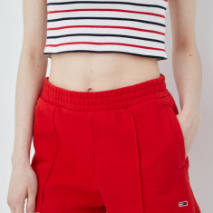 Tommy Jeans pantaloni scurti din bumbac femei, culoarea rosu, neted, high waist