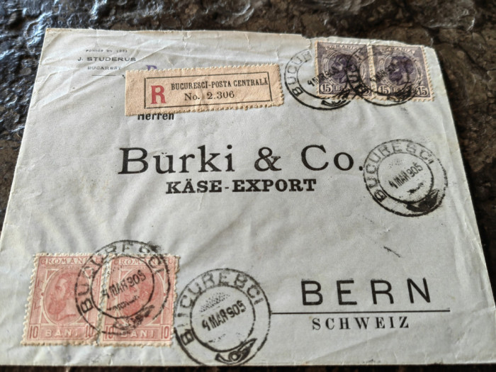 Plic circulat 1905, Bucuresti- Berna, recom., francat 2x10 bani si 2x15 baniSpic