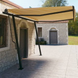 VidaXL Copertină retractabilă automat, cu st&acirc;lpi, galben/alb, 4,5x3 m