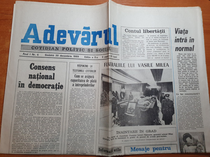 ziarul adevarul 30 decembrie 1989-funerariile lui vasile milea,revolutia romana