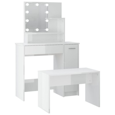 Set masuta de toaleta cu LED, alb extralucios, lemn prelucrat foto