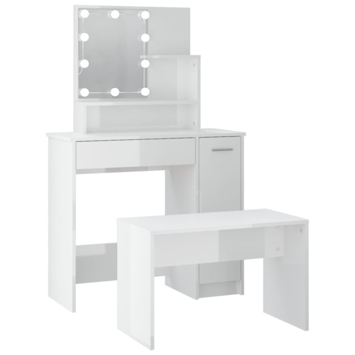 Set masuta de toaleta cu LED, alb extralucios, lemn prelucrat