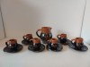 Set ceramica traditionala romaneasca, carafa + 6 cesti mici (pentru tarie / lichior) + 6 farfurioare - lut ars, decorat si glazurat