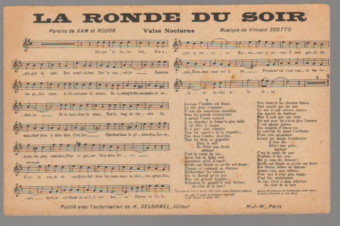 CPIB 23862 CARTE POSTALA - PARTITURA MUZICALA - &quot;LA RONDE DU SOIR&quot;, NECIRCULATA, PARIS