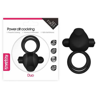 Power Clit Duo Silicone Cockring Black - Inel Penis cu 10 Viteze Vibrație foto