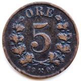 Norvegia 5 ORE 1902 moneda bronz km # 349 tiraj mic rara regele OSCAR II