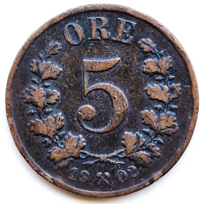 Norvegia 5 ORE 1902 moneda bronz km # 349 tiraj mic rara regele OSCAR II