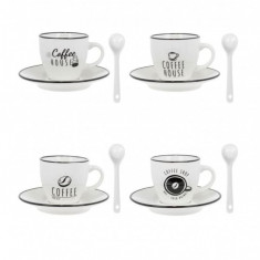 Set cesti de cafea cu farfurioare si lingurite, Portelan, Alb, 4 buc, 90 ml