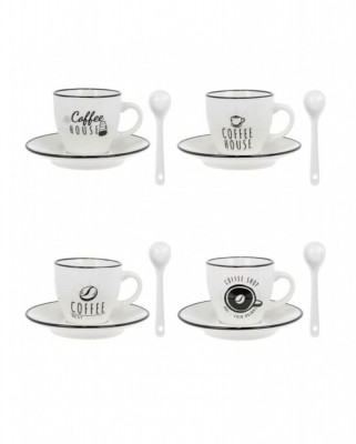 Set cesti de cafea cu farfurioare si lingurite, Portelan, Alb, 4 buc, 90 ml foto