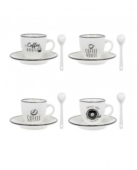 Set cesti de cafea cu farfurioare si lingurite, Portelan, Alb, 4 buc, 90 ml