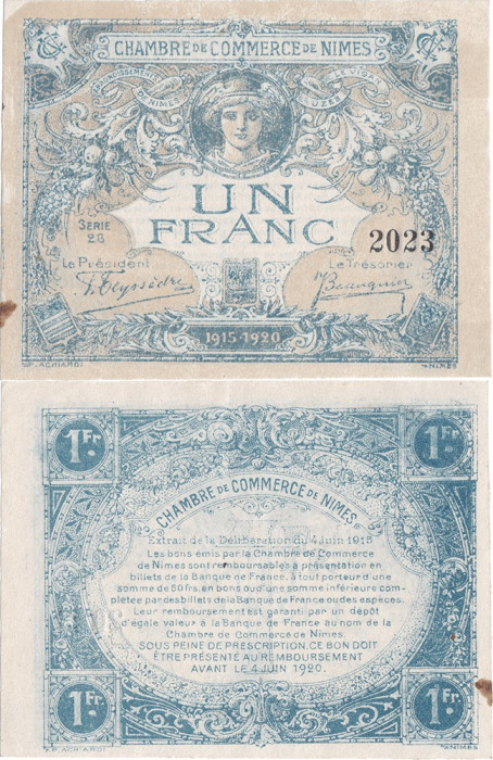 1915 (4 VI), 1 franc (Jean Pirot JP-092-06) - Franța (N&icirc;mes) - stare aUNC
