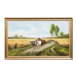 Tablou pictat manual inramat, Carul cu boi, 110x70cm ulei pe panza in cutit efect 3D, Geo Ungureanu
