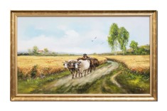 Tablou pictat manual inramat, Carul cu boi, 110x70cm ulei pe panza in cutit efect 3D, Geo Ungureanu foto