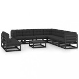 vidaXL Set mobilier grădină cu perne, 10 piese, negru, lemn masiv pin 3076913