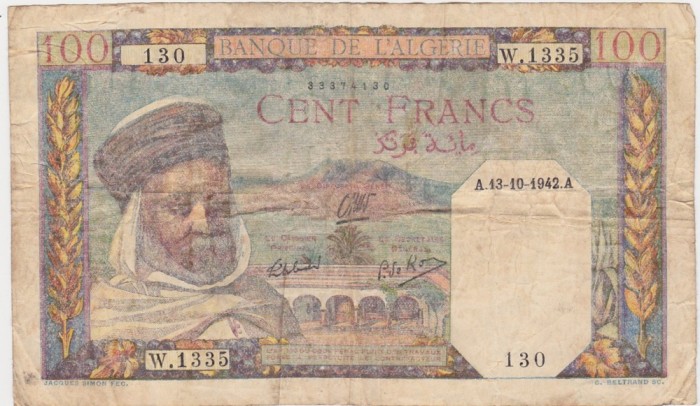 ALGERIA 100 FRANCS 1942 F