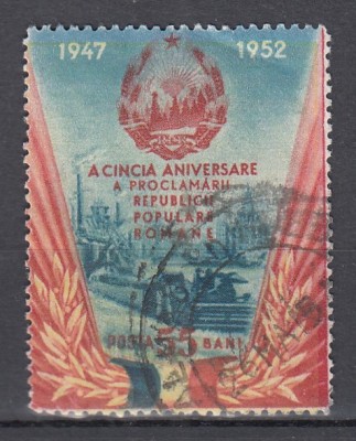 ROMANIA 1952 LP 335 A 5-A ANIVERSARE A PROCLAMARII R.P.R. STAMPILAT foto