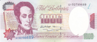 Bancnota Venezuela 1,000 Bolivares 6.8.1998 - P76d UNC foto