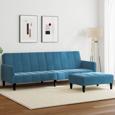 vidaXL Canapea extensibilă cu 2 locuri și taburet, albastru, catifea foto