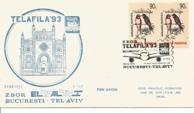No(1) plic special aerofilatelie - Zbor special TELAFILA 93,Bucuresti-Tel-Aviv foto