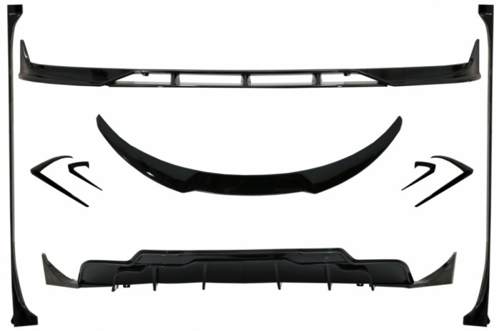 Pachet Exterior Complet de Extensii Tesla Model 3 (2017-up) Prelungire Bara Fata cu Difuzor de aer si Eleron Negru Lucios Performance AutoTuning