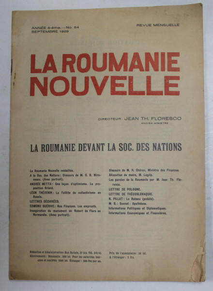 LA ROUMANIE NOUVELLE , REVUE MENSUELLE , NR. 54 , SEPTEMBRE , 1929