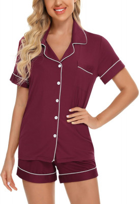 ng Femei Buton &amp;icirc;n jos pijama set V-Neck m&amp;acirc;necă scurtă Sleepwear Soft Pj Seturi S foto