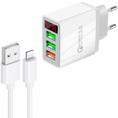 Incarcator Retea cu cablu Lightning OEM QC-07C, Quick Charge, Afisaj, 30W, 3 x USB, Alb