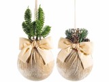 Set 2 ornamente brad Craciun catifea crem plastic verde &Oslash; 12 cm x 23 H