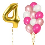 Set 13 Baloane Aniversare 4 Ani Fata Roz/Rose Gold Ropet - Balon Folie Cifra Aurie 81cm + 12 Latex 30cm - Decoratiuni Petrecere Copii
