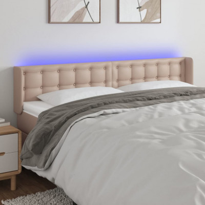 vidaXL Tăblie de pat cu LED, cappuccino 203x16x78/88cm piele ecologică foto
