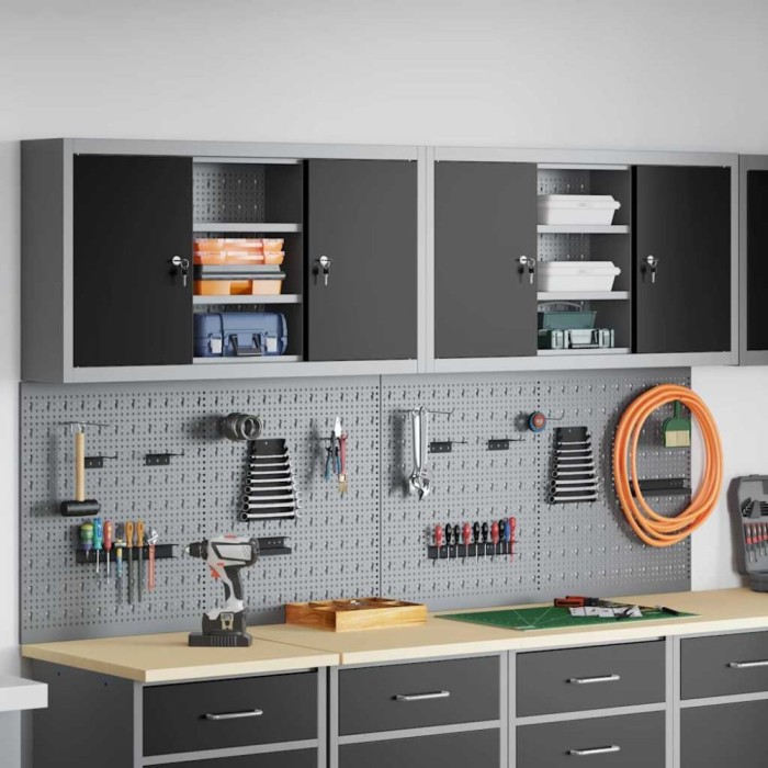 Set dulap unelte &amp; panou c&acirc;rlige de perete, 4 piese negru metal
