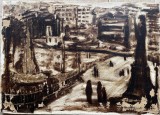 1976, Tablou / lucrare mare pe panza, Roma, Renato Giusti, pictor italian cunoscut, semnat dreapta jos si pe verso, lucrare catalogata, 70 x 50, Peisaje, Grisaille, Abstract
