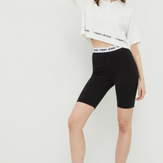 Tommy Jeans pantaloni scurti femei, culoarea negru, neted, high waist