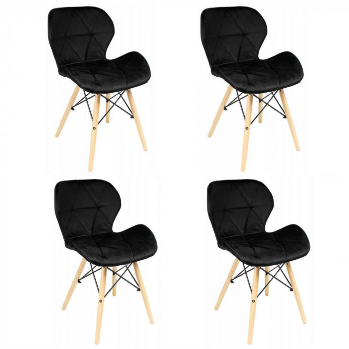 Set 4 scaune stil scandinav, catifea, lemn, negru si natur, 46x50x73 cm