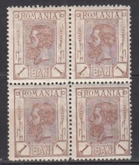 ROMANIA 1900/1906 LP 54 b REGELE CAROL I SPIC DE GRAU FARA FILIGRAN VALOAREA 1 BAN BRUN INCHIS BLOC DE 4 TIMBRE GUMA ORIGINALA STARE MNH/SARNIERA